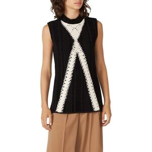 THAKOON COLLECTIVE Black Mock Neck Sleeveless Knit Sweater Crochet Detail Size S